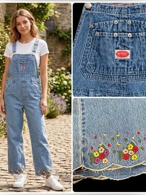 Vtg 90s Revolt size M Scalloped Embroidered Hem Blue Denim Jean Bib Overalls